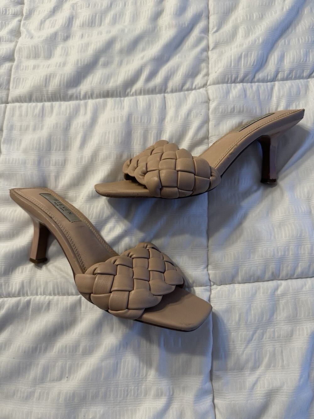Steven New York Beige Braided Kitten Heel Mules Woven Strap Idra Nude Size 6.5